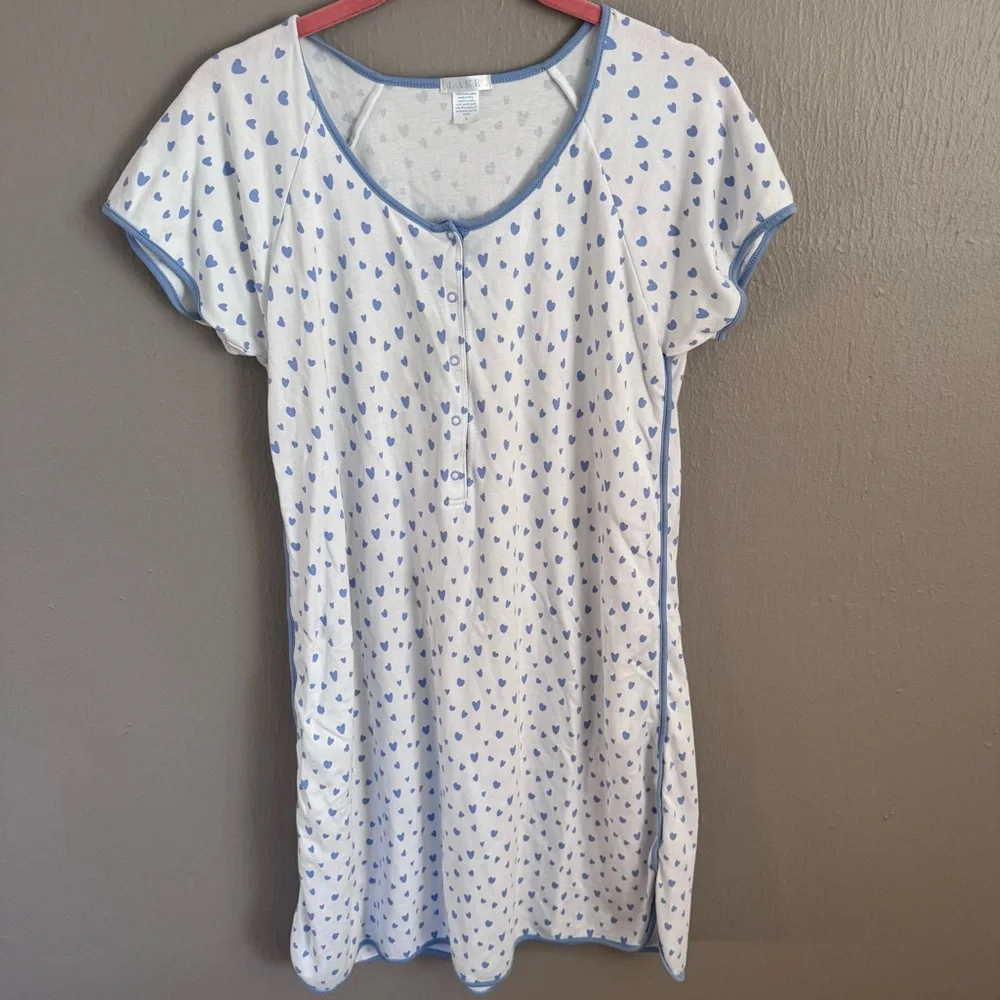 LAKE Blue Heart Print Pima Cotton Sleep Shirt Nightgown Size S - Picture 1 of 7